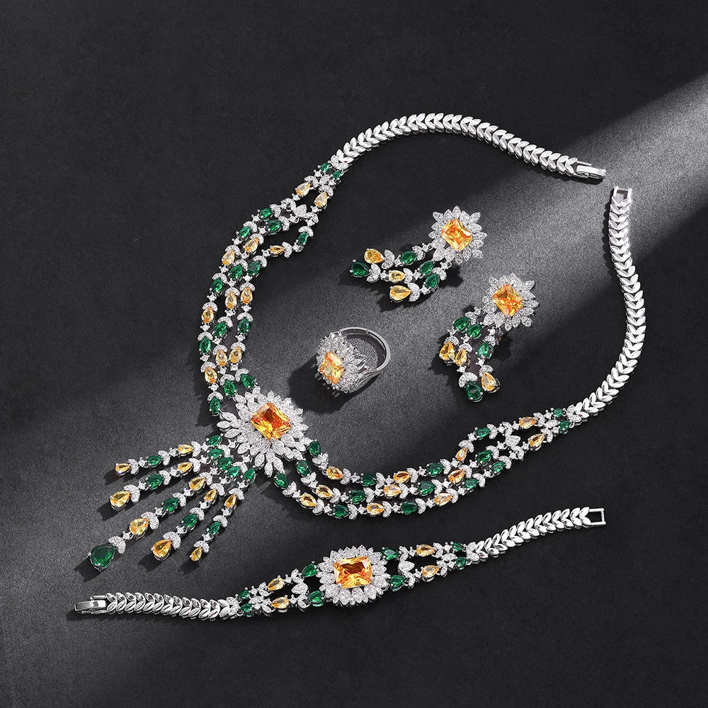 2024 Bridal Zirconia Full Jewelry Sets For Women Party 4pcs Luxury Dubai Nigeria CZ Crystal Wedding Necklace Sets