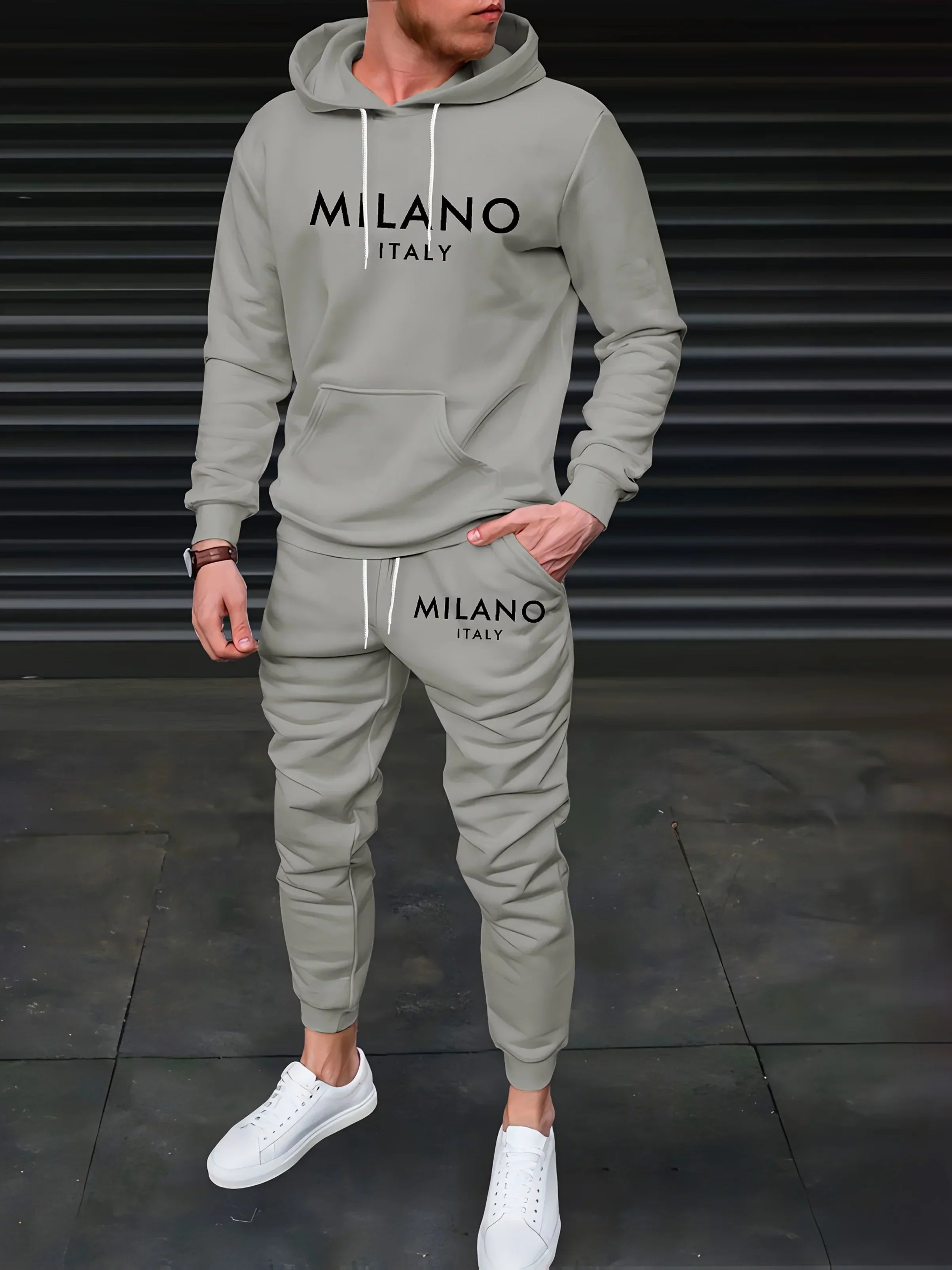 Men's Autumn/Winter Casual Warm MILANO ITALY Letter Printed Loose Thick Velvet Sports Hoodie+Sweatpants Set