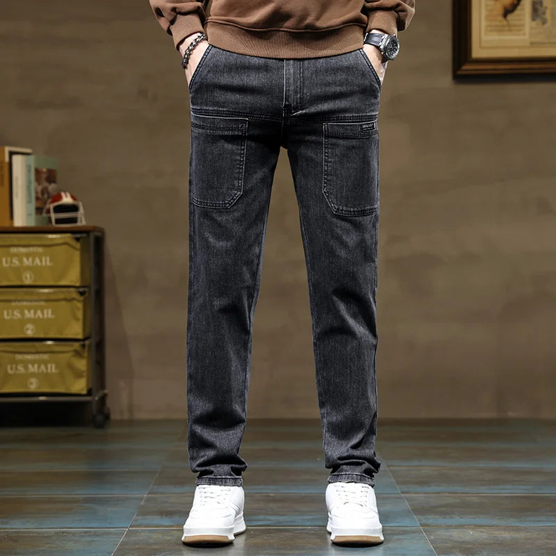 Versatile Six-Pocket Design Jeans Men's Loose Straight Leg Pants Stretchy Comfortable for Outdoor Hiking Activities All Seasons