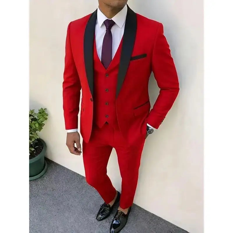 3pcs Men'S Slim Fit Groomsmen Suit | Purple Jacket, Vest, Pants with Non-Stretch Fabric and Color Block Pattern