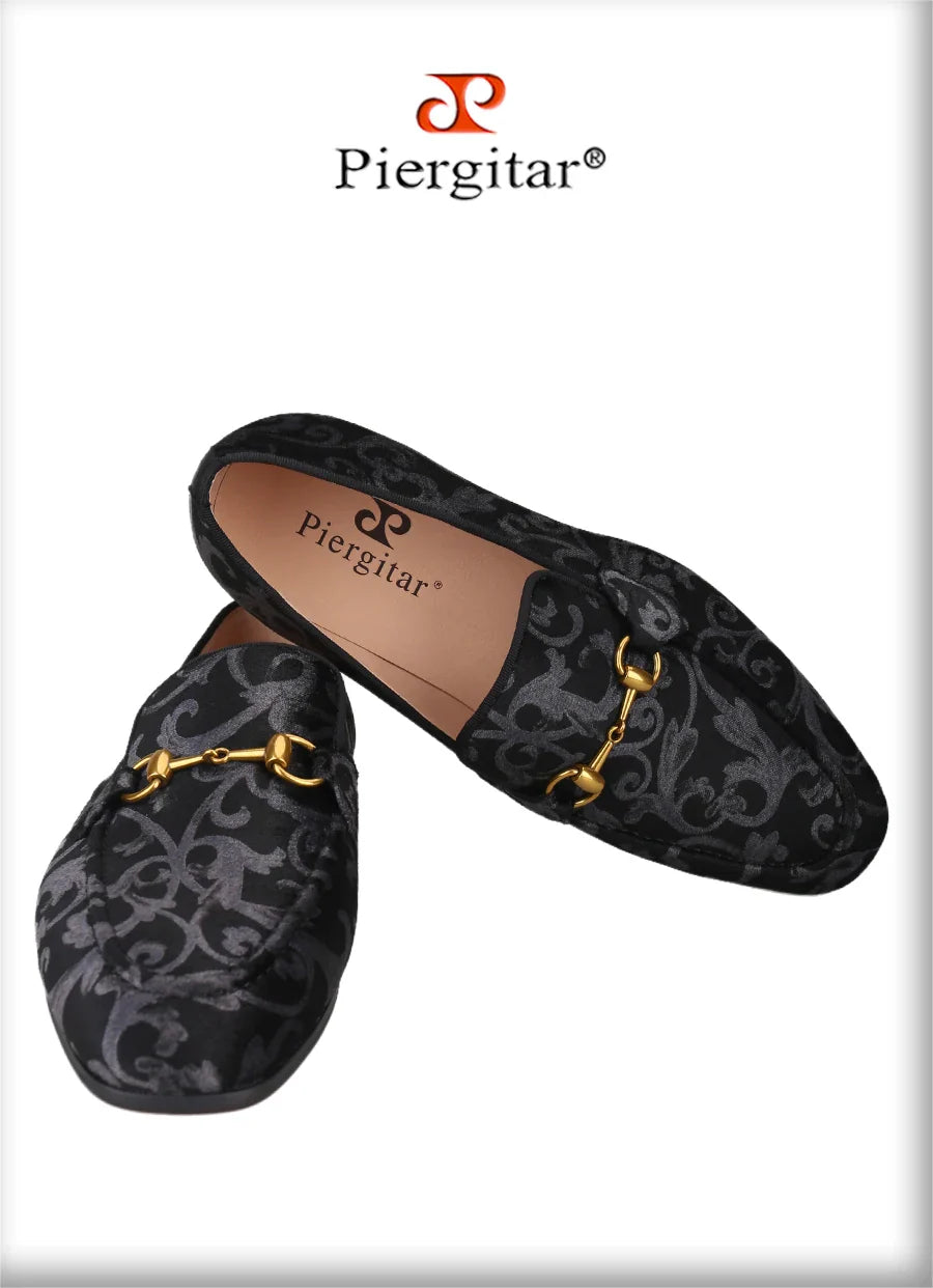 Piergitar Retro Style High-End Custom-Made Baroque Jacquard Velvet Men's Loafers With Horsebit Buckle Slip-On Smoking Shoes