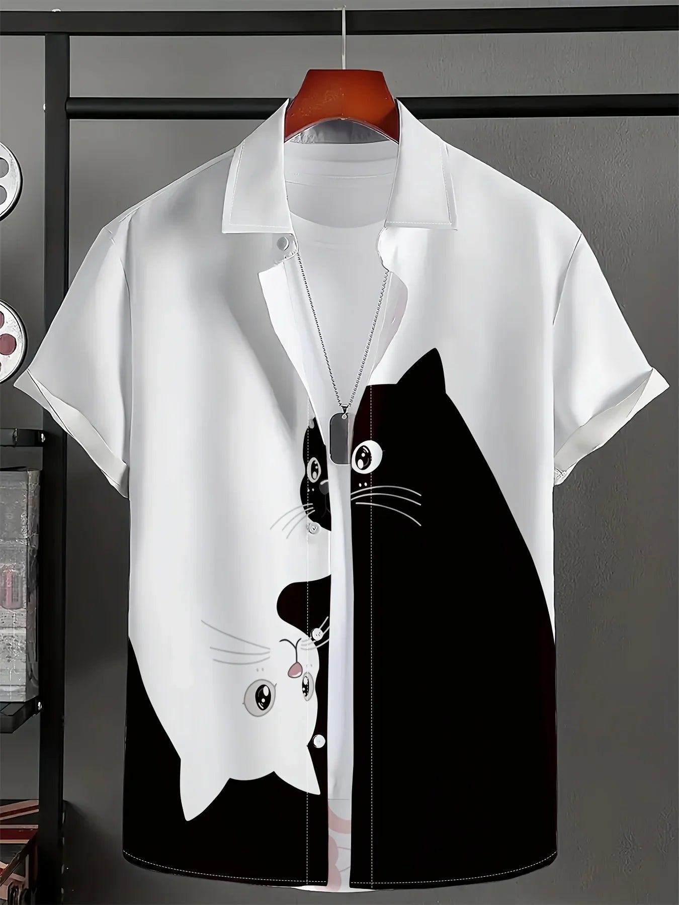 Men's Cartoon Black and White Kitten Print, Short-Sleeved Shirt