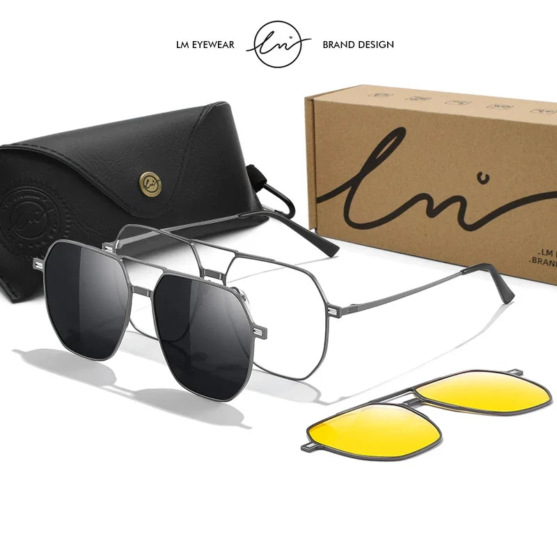 Top Brand Design Sunglasses Men Polarized 3 In 1 Magnetic Clip On Glasses Women Hexagon Night Vision Anti-Blue Light Eyeglass
