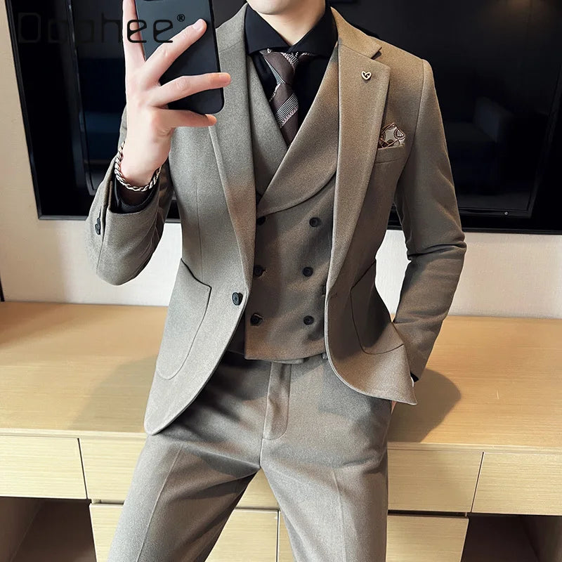 2025 Autumn Winter New Thickened Warm Woolen Blazer Set for Men Korean Version Slim Fit Groom Best Man Wedding Suit Formal Wear