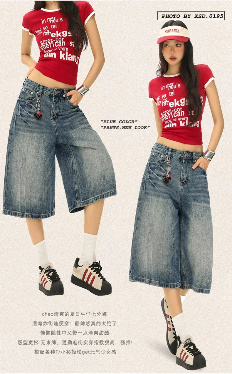 Vintage Washed Loose Straight Leg Denim Capri Men Women Lightning Print Streetwear Shorts