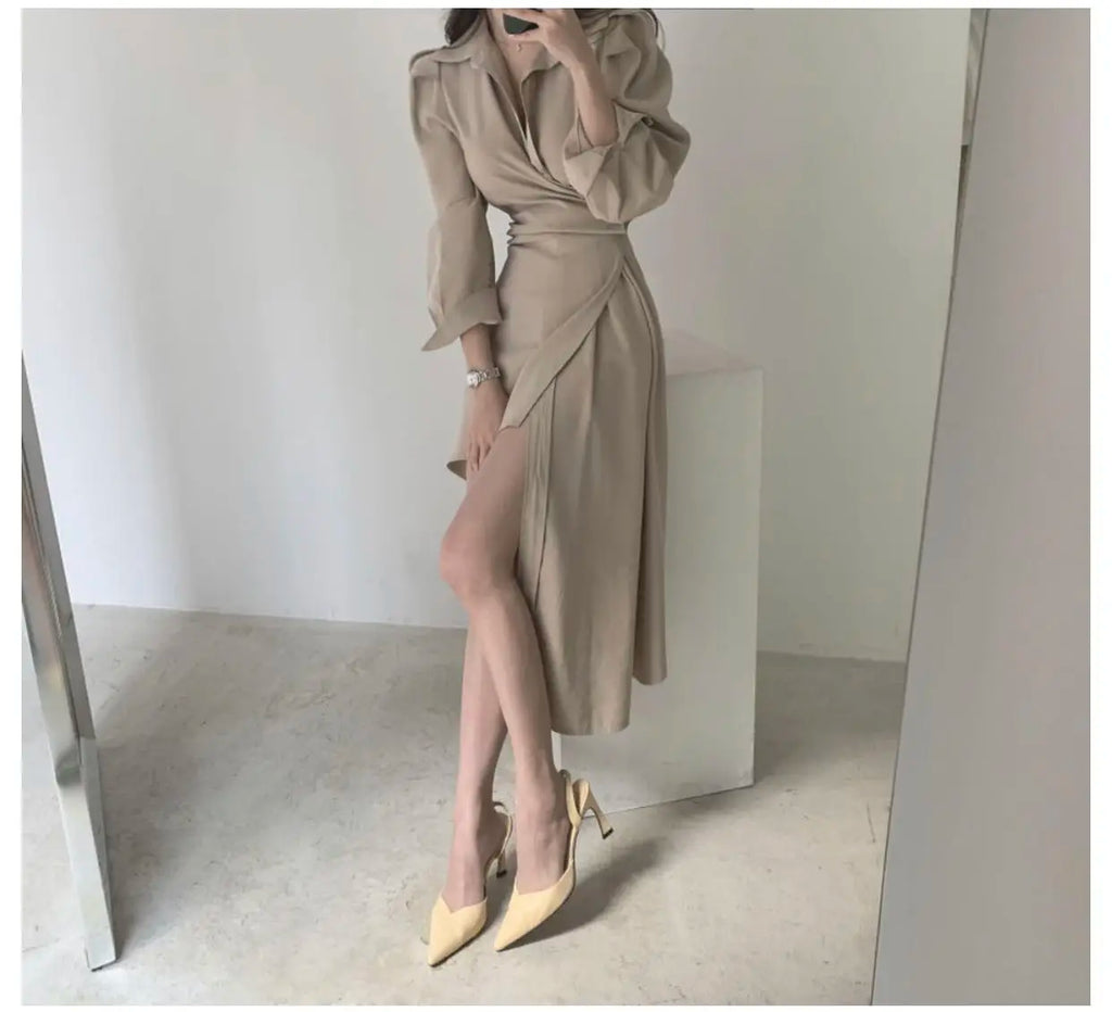 Early Autumn Shirt Dress Women's Mid-Length Asymmetrical Single-Button Notch Collar Slimming Style Commute Fashion