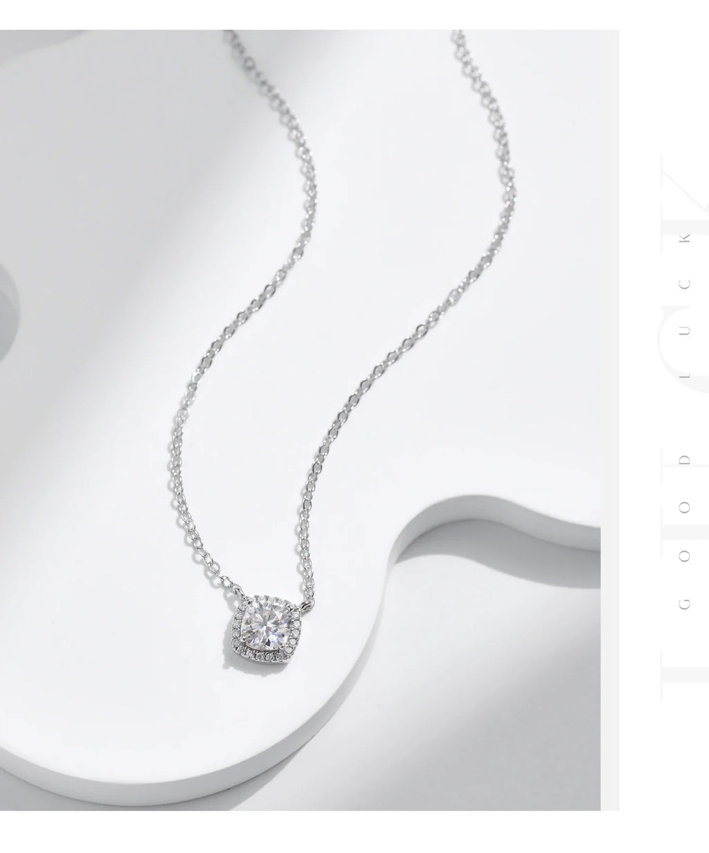 1 Carat Square Cushion Cut Halo Moissanite Pendant Necklace For Women 925 Sterling Silver Dazzling Wedding Bridal Jewelry