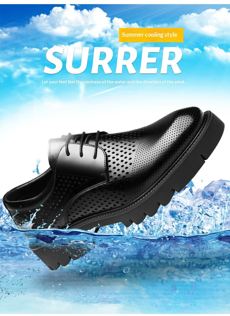 Summer Hollow Out Breathable Men Height Increasing Oxford Shoes 8/10CM Formal Business Dress Wedding Party Elevated Leather Shoe