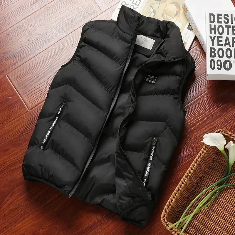 Winter Warm Men's Jacket Sleeveless Zipper Vest Solid Casual Vests Male Cotton-Padded Thickened Stand Collar Wear Outside