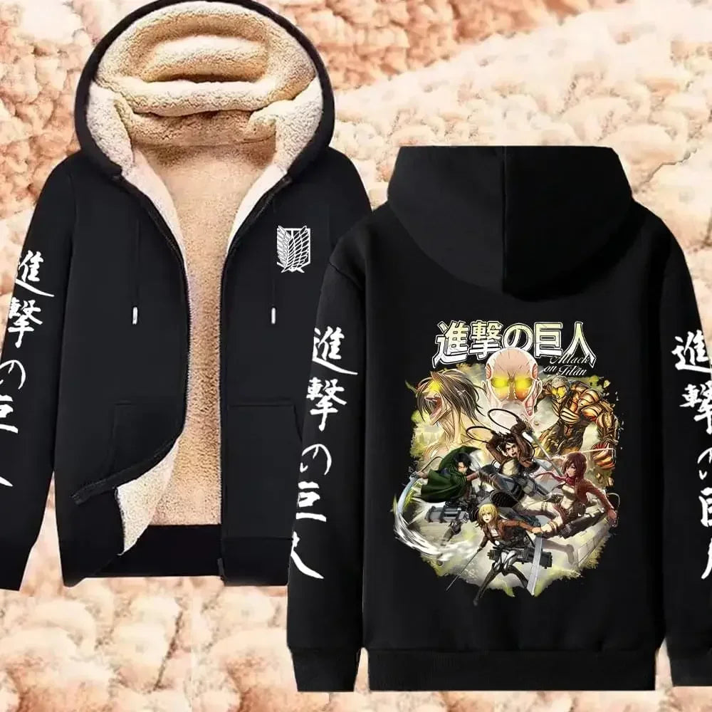 Attack on Titan سترة شتوية دافئة بسحاب، هوديز مطبوع عليها أنمي للرجال والنساء، بلوزات سميكة بسحاب، ملابس الشارع Harajuku Hip Hop