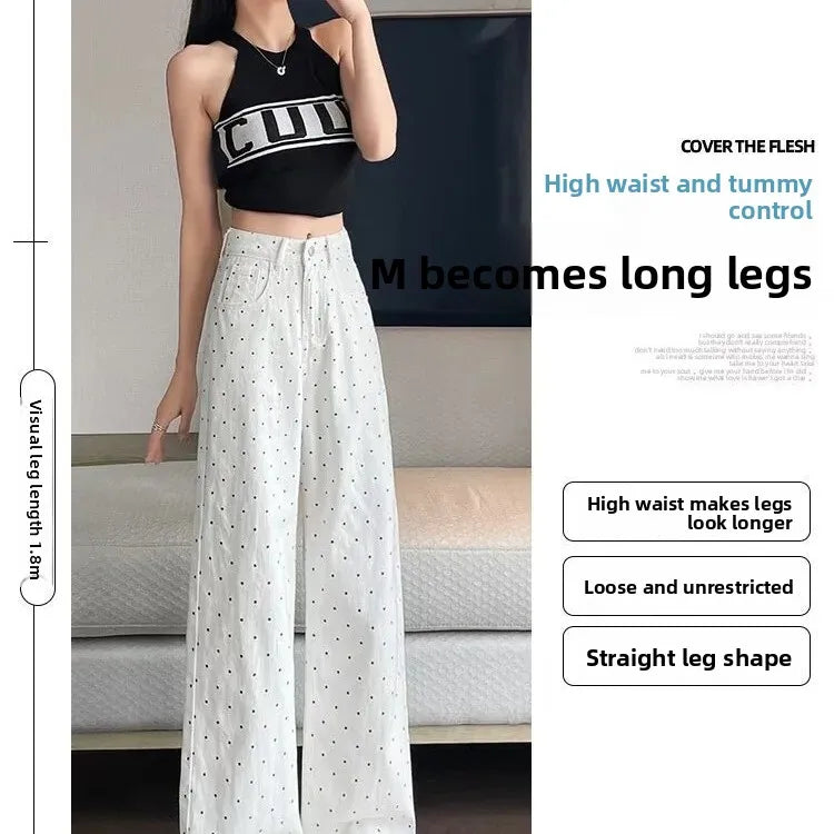 High Waist Wide Leg White Polka Dot Casual Denim Jeans