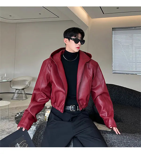 Spring Autumn Short Waterproof Black Pu Leather Jacket Men Hood Zipper High Waist Loose Casual Korean Fashion 2025