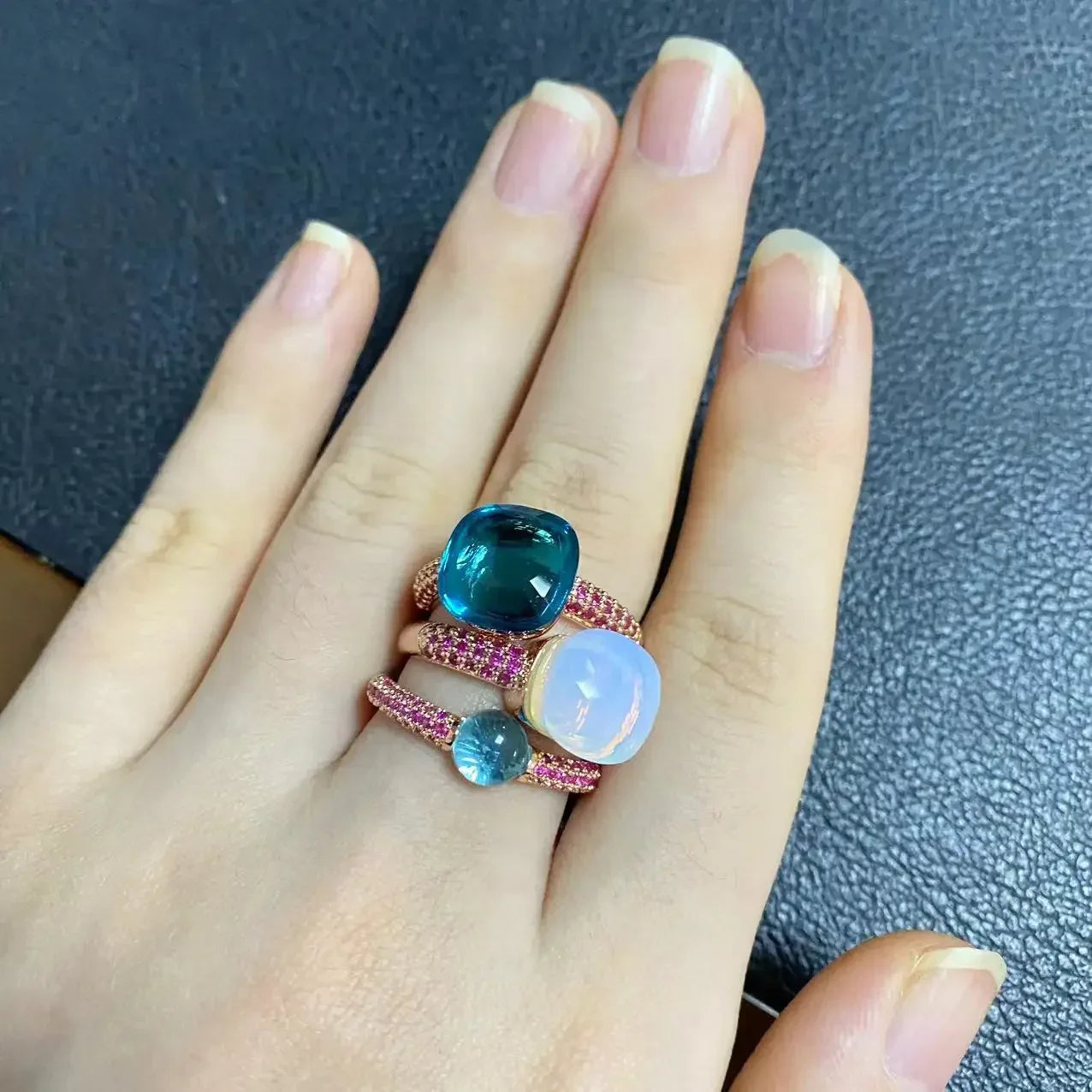 3Pcs/Set Nudo Ring Stacking Set for Women Mix Color Candy Crystal Inlay Zircon Amethyst Blue Topaz Round Jewelry Gift