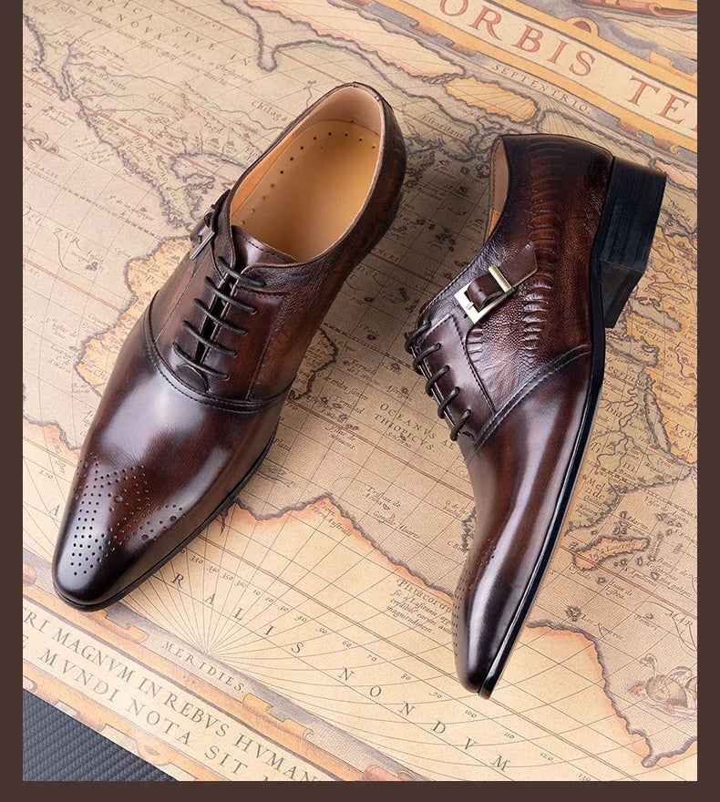 Male Genuine Leather Social Shoe Oxford Elegant Man Dress Shoes Hand Lace-up Pointed Party Wedding Shoes Black Coffee Shoes