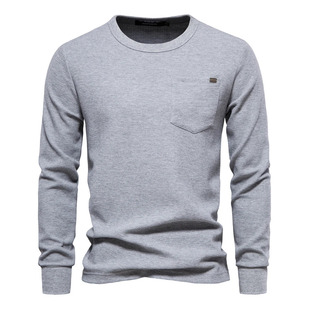 Waffle Cotton Solid Color Men Tshirts Single Pocket Long Sleeve Tee Shirts for Men New Spring Basic Breathable Tops Men