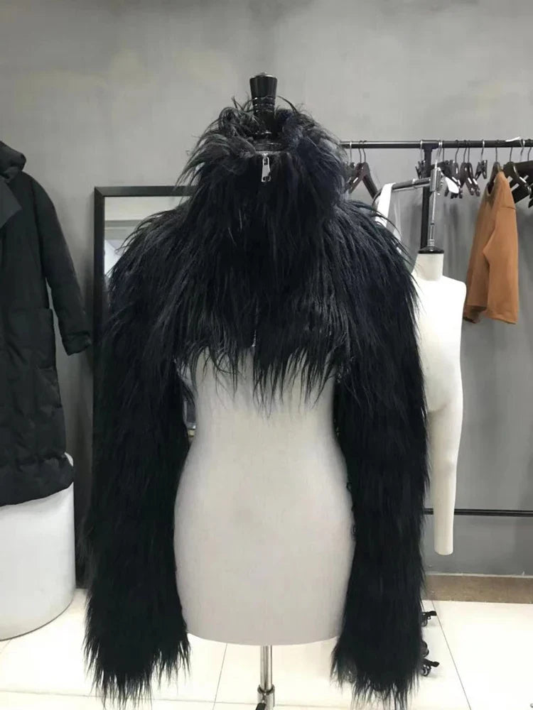 Autumn Winter Thick Warm Hairy Shaggy Cropped Faux Fur Coat Men Luxury Designer Clothes Black Fluffy Jacket 2024