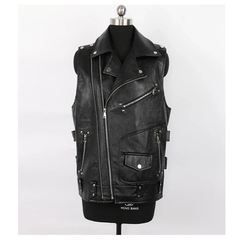 Autumn Black Motorcycle Pu Leather Vest Men Zipper Pockets Plus Size Faux Leather Biker Sleeveless Jacket 4xl 5xl