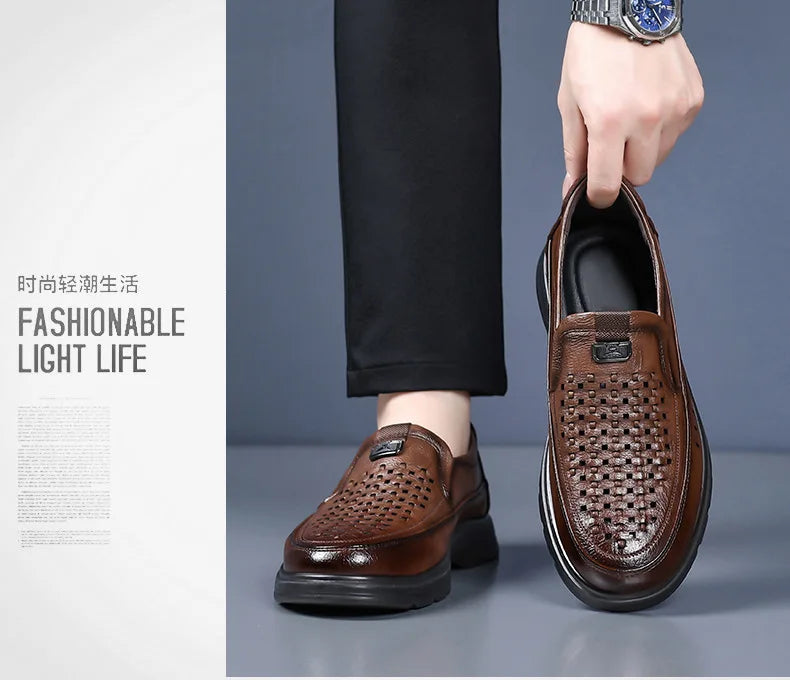 Summer New Designer Hallow Leather Shoes Man Breathable Soft Sole Business Casual Shoes Male Fashion Loafers Shoes for Man