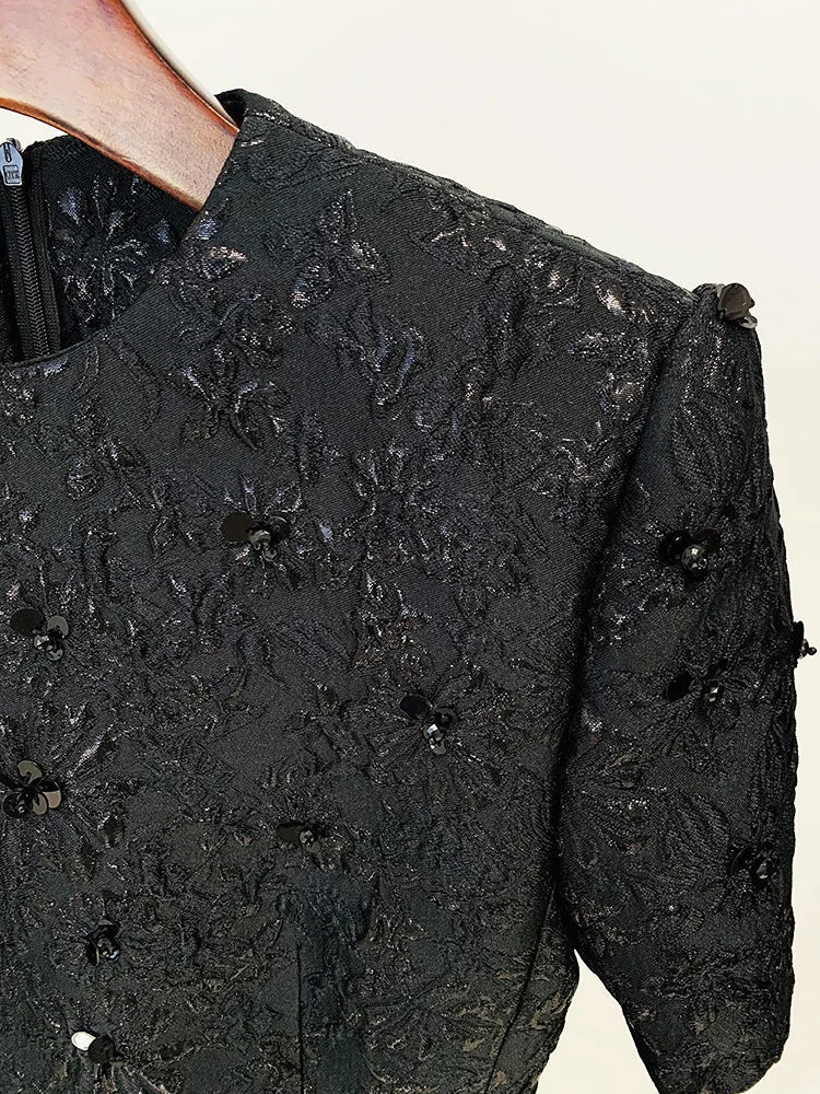 Newest 2026 Designer Fashion Stylish Dress Women's Beaded Floral Jacquard Trimmed Dress