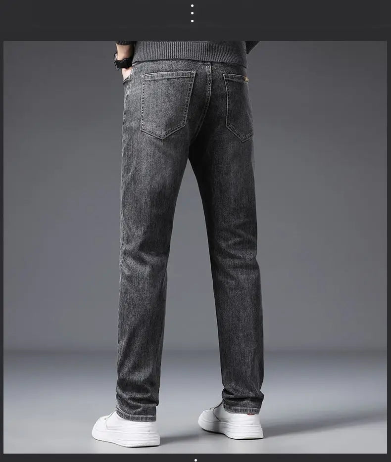 Korean Fashion Men's Soft Stretch Slim Fit Jeans Business Casual Straight Denim Pants Classic Brand Washed Blue Gray Trousers