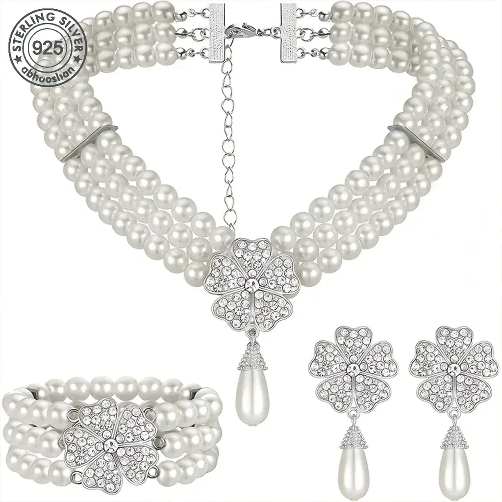 925 Silver, 1 Piece 1920's Pearl Jewellery Set with Vintage Girl Earrings, Layered Faux Pearl Necklace and Bracelet for Women