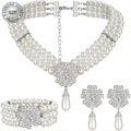 925 Silver, 1 Piece 1920's Pearl Jewellery Set with Vintage Girl Earrings, Layered Faux Pearl Necklace and Bracelet for Women