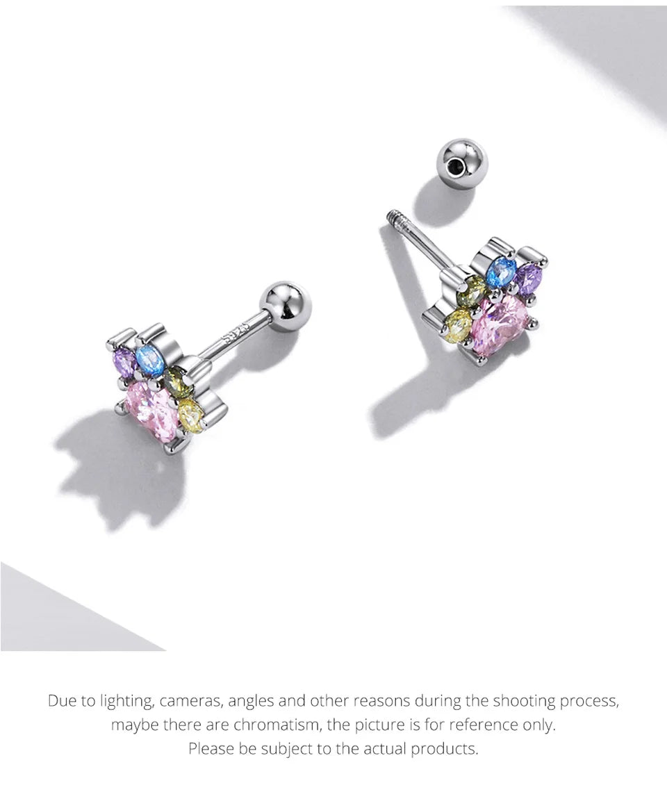 925 Sterling Silver Animals Cute Paws Rainbow Stud Earrings For Women Heart Oval Flower Zircon Crab Ear Studs Jewelry Gift