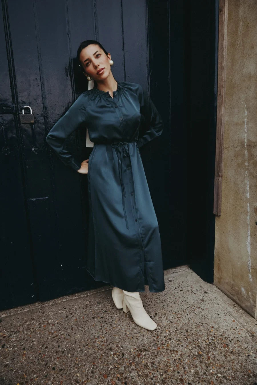 AW25 satin dress elegance lady ruffled neck woman clothes with Removable belt