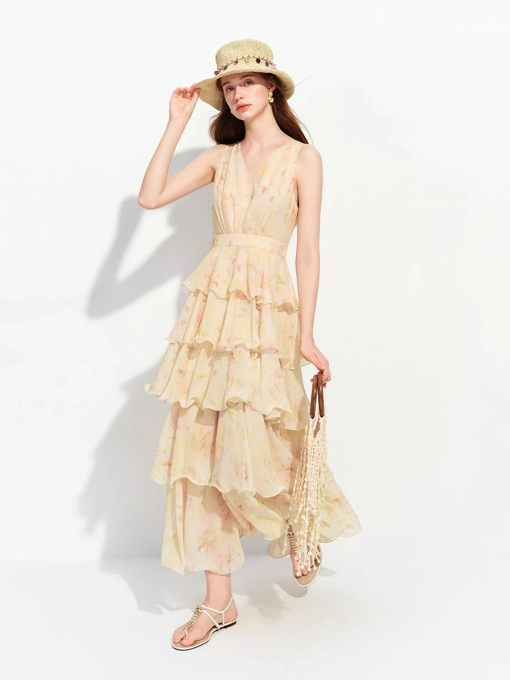 2026 Summer French-Inspired Floral Ruffle Hem Sleeveless V-Neck Tiered Maxi Dress - Romantic for Vacation and Daily Wear