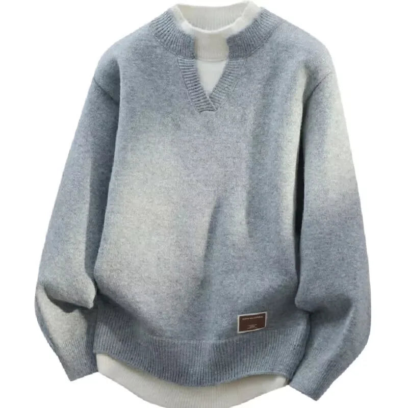 Fake Two Piece Pullover Cardigan Men Round Neck Long Sleeve Clothing Thermal Warm Comfortable Youth Casual Knit Sweater
