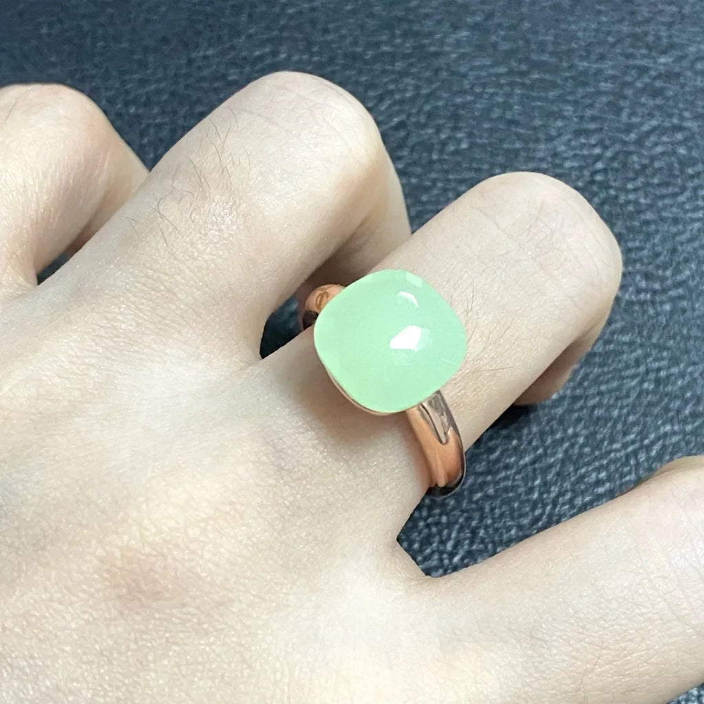Trendy 12.6mm Flat Rose Gold Ring 35 Candy Colors Green Amethyst Turquoise Crystal Jewelry Gift for Women