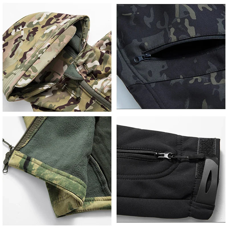 Lurker Shark Skin Soft Shell سترة تكتيكية للرجال، معطف بغطاء للرأس مقاوم للماء من الصوف، ملابس صيد، جاكيت مموه جديد للخريف في الهواء الطلق