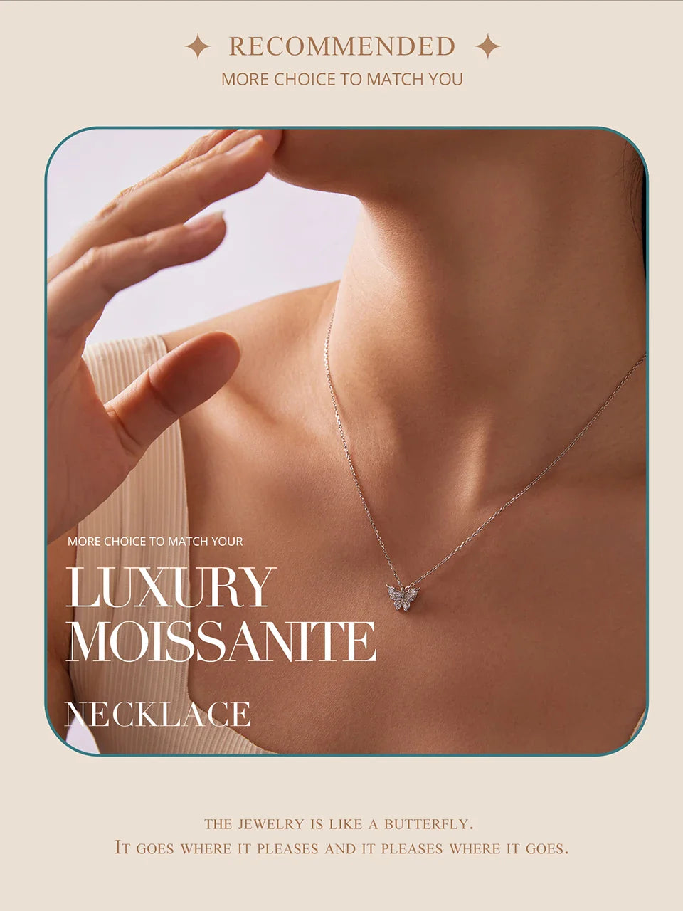Moissanite Butterfly Necklace 925 Sterling Silver Insect Pendant Necklace Adjusable Link Chain for Women Sparkling Gift