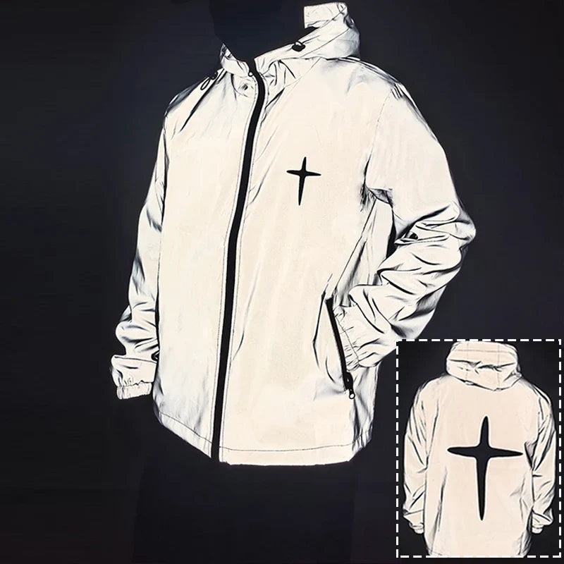 Men's Night Reflective Jacket Fashion Cross Printed Windproof Hooded Coats Streetwear Outdoor Cycling Jogger Safety Outerwear