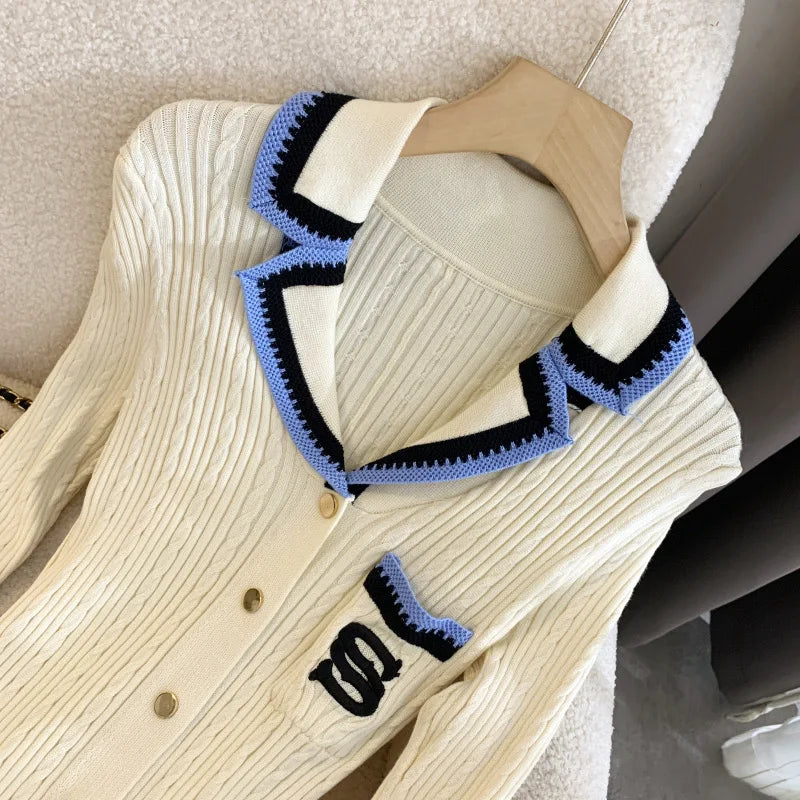 Elegant Embroidery Letter Knitted Maxi Dress Autumn Winter Brand Fashion Lady Notched Black Sweater Dress Office Robes