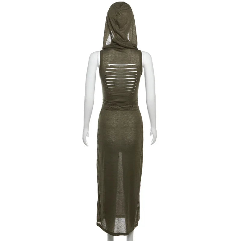 Summer 2023 Sexy European And American Style Sleeveless Hooded Dress Long Split Hollow out Pure Color Women's Gown