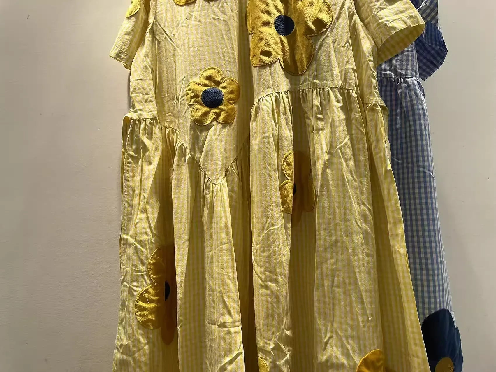 2026 girl sweet blue yellow striped floral embroider patchwork dress for women summer Japan style 100% cotton long dress