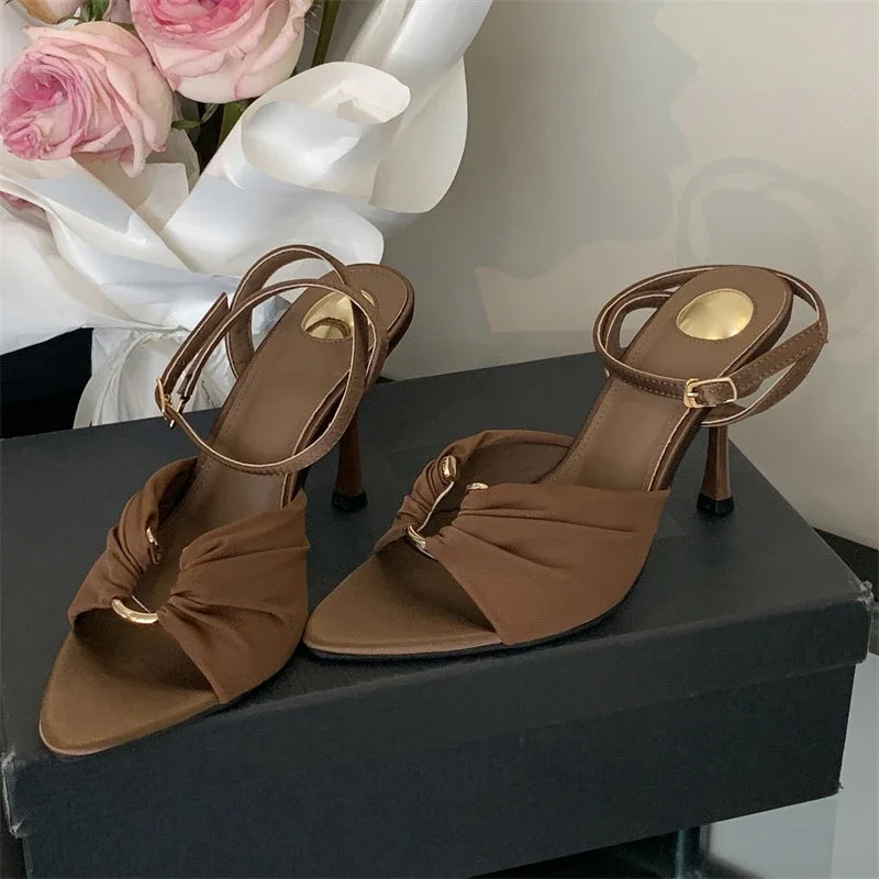 Sexy Pleated Hollow Out Buckle Strap Women Sandals Summer Pointed Toe Thin High Heels Banquet Party Female Shoes