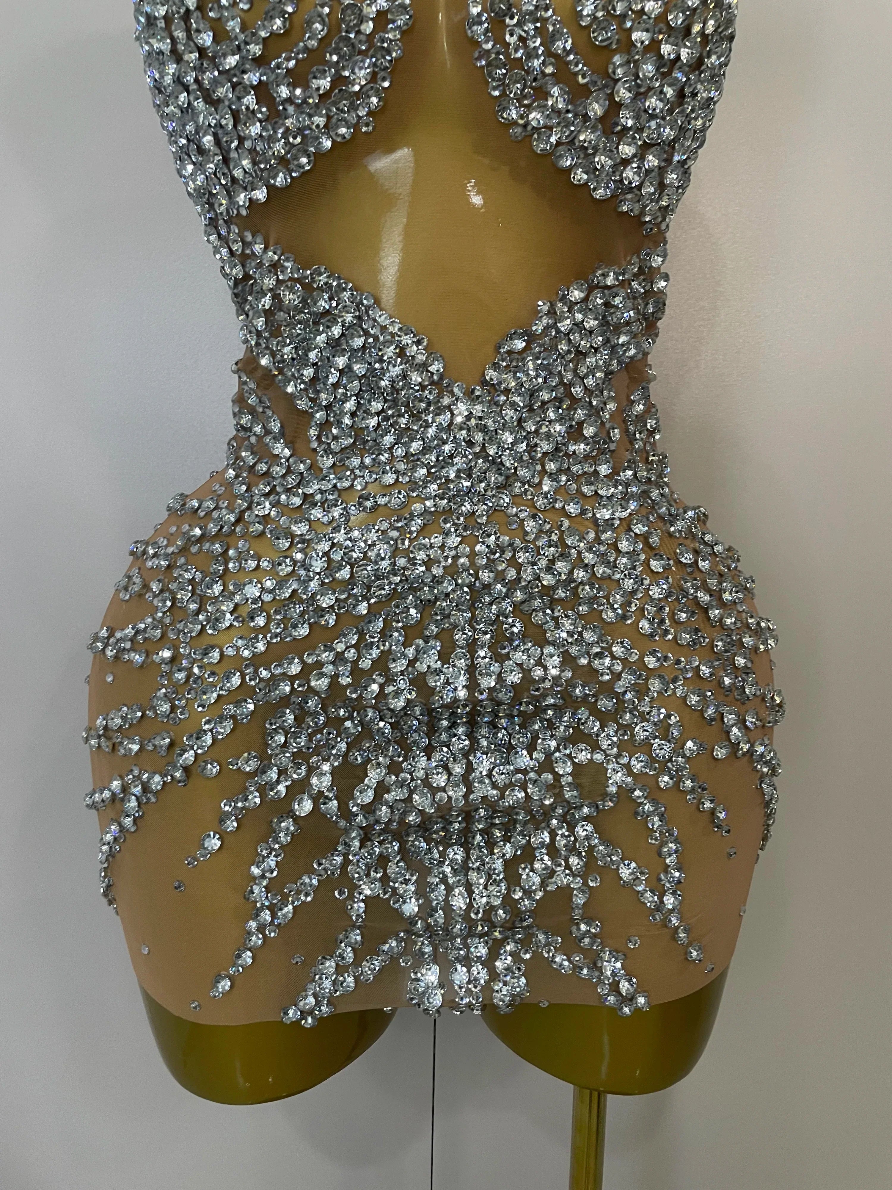 Sparkly Rhinestones Sexy Mesh See Through Dress Party Evening Prom Celebrate Birthday Dress Singer Dancer Show Stage Wear