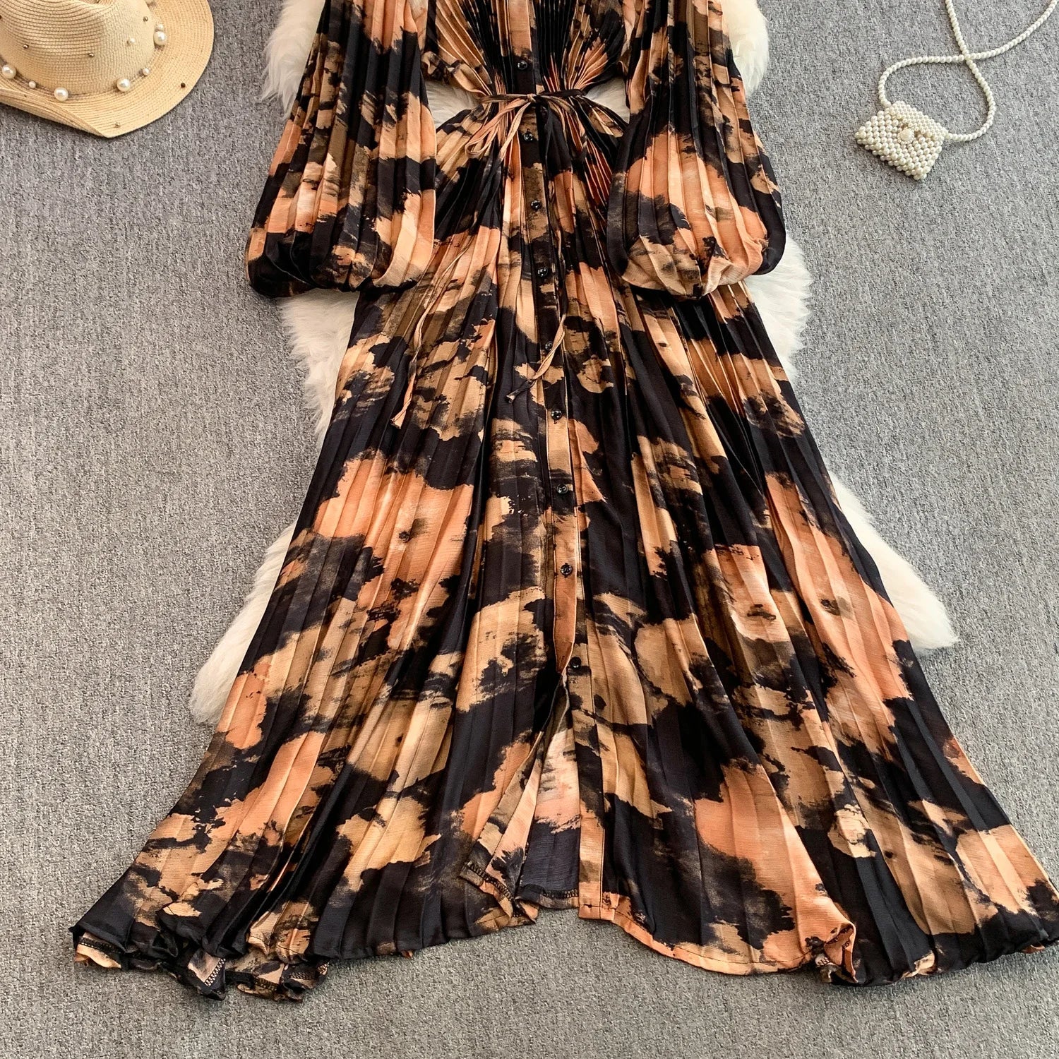 Printed round Ne Lantern Sve Dr Women's Single Button Waist Cinch Maxi Skirt Long Dr Commute Sle Autumn