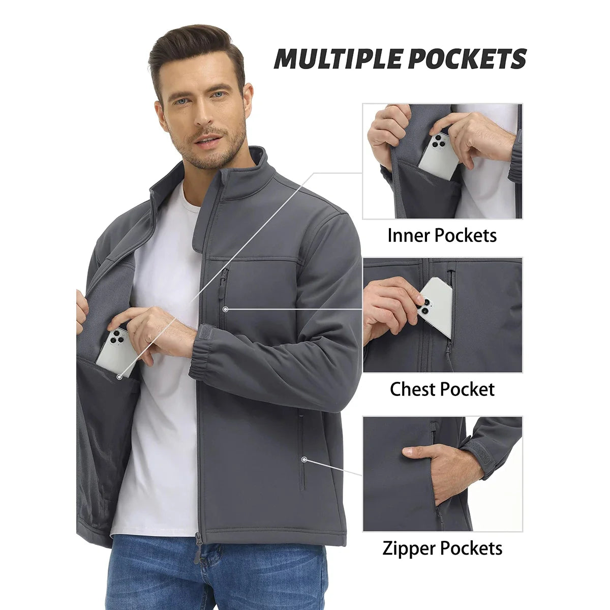 Men's Waterproof Outdoor Hiking Jacket Full Zip Windproof Fleece Lining Warm Fall Winter Work Casual Jackets