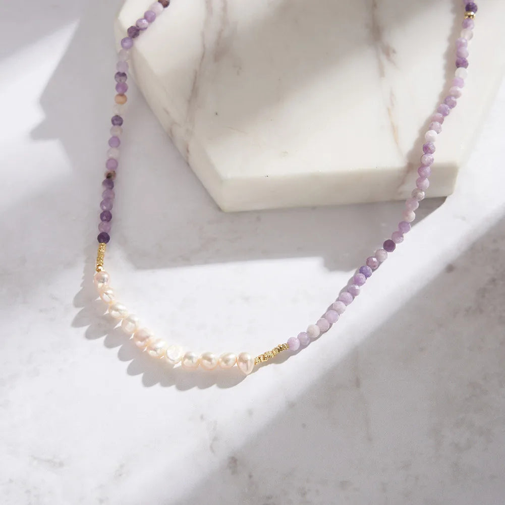 Natural Stone Beaded Purple Mica&Freshwater Pearls Round Shape Necklace 925 Silver for Women Choker Wholesale MPN04