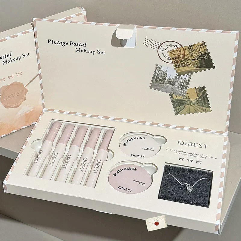 Retro Mail Makeup Set 5pc Matte Lip Mud,1 Blush,1 Highlight And 1 Necklace Gift Multipurpose Cosmetics Kits For Women