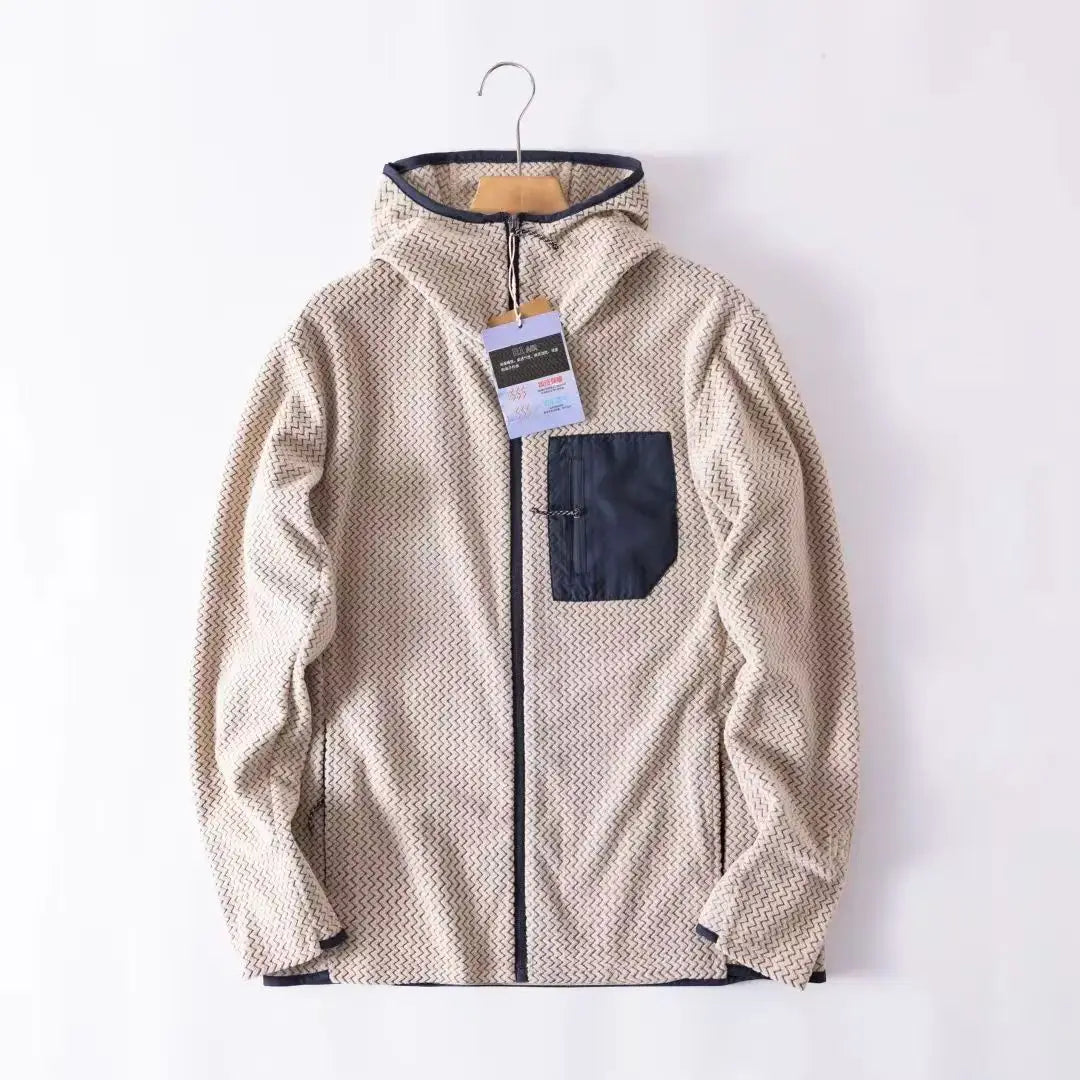 Wave Pattern Fleece Lined Hooded Zip-up Jacket/Sweatshirt: Warm & Outdoor-Ready  Ideal for Couples Hooded Sweatshirt
