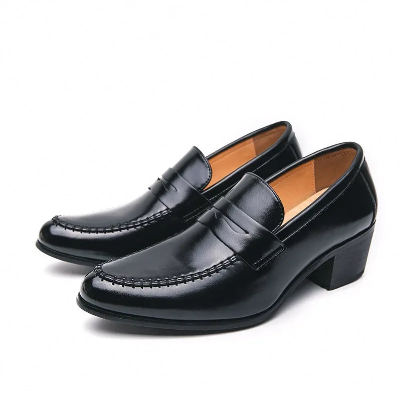 Retro High Heel Men's Shoes Fashionable Business Leather Slip-On Shoes Trendy Rubber Sole Pointed Toe Ankle-Length PU Leather