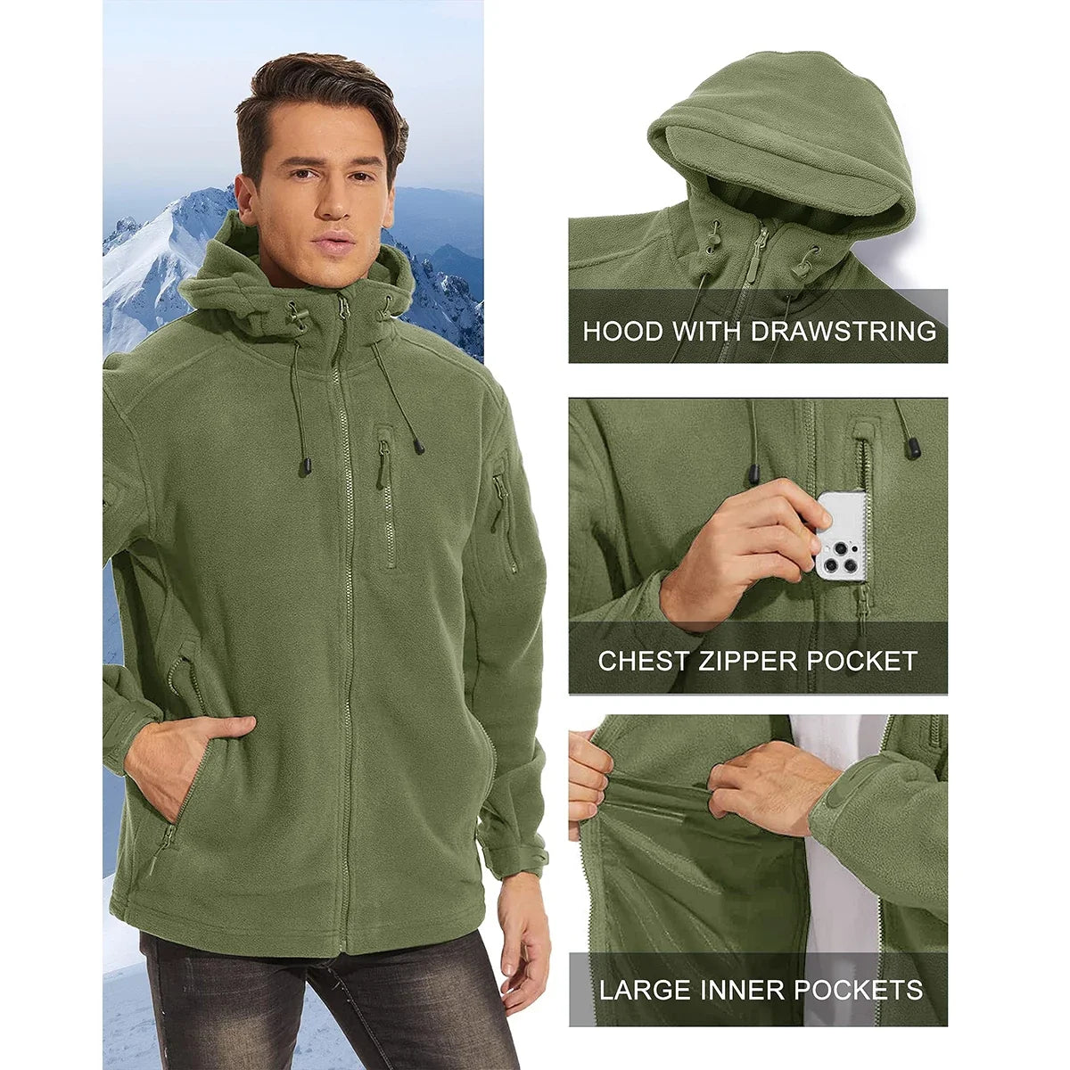 Fall Winter Men's Hooded Fleece Jacket Full Zip Up Soft Warmth Windproof Coat Outdoors Working Hiking Fishing Outerwear