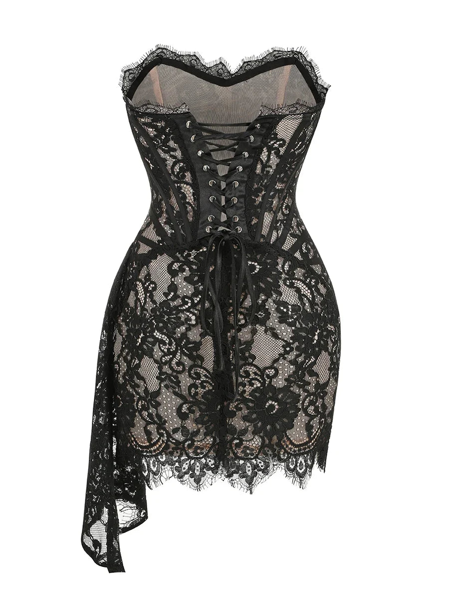 VC Christmas Dress For Women Red Lace Sexy Strapless Sleeveless Slim Supper Short Dress With Lace-Up