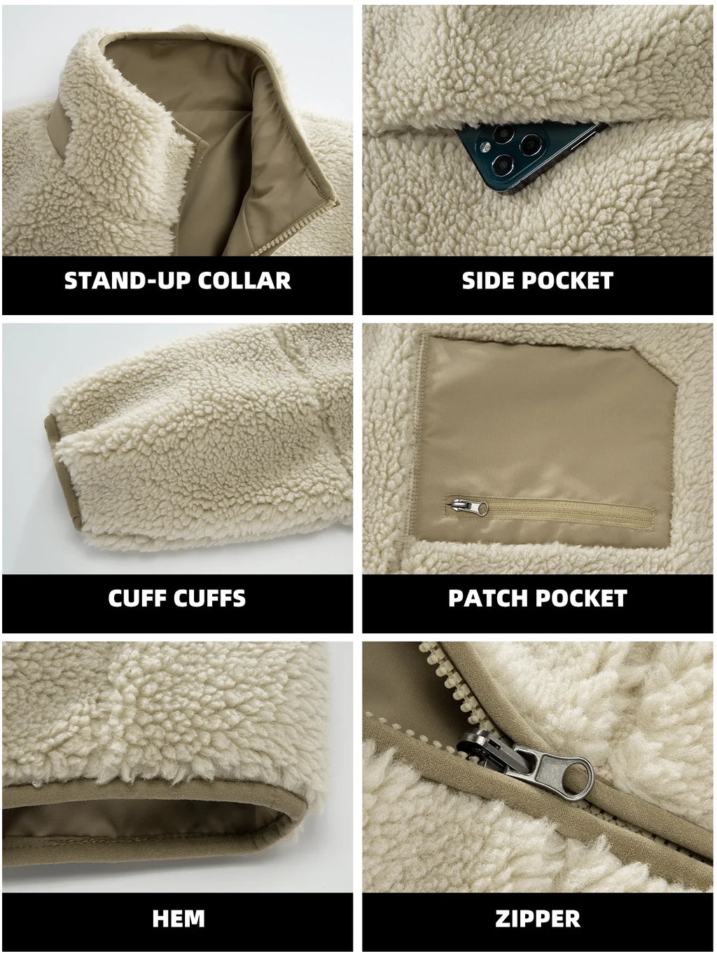 Men's Fleece Jacket Winter Thickened Coat Casual Stand Collar Daily Wear for Outdoor Activities Man Fur Outerwear Menswear