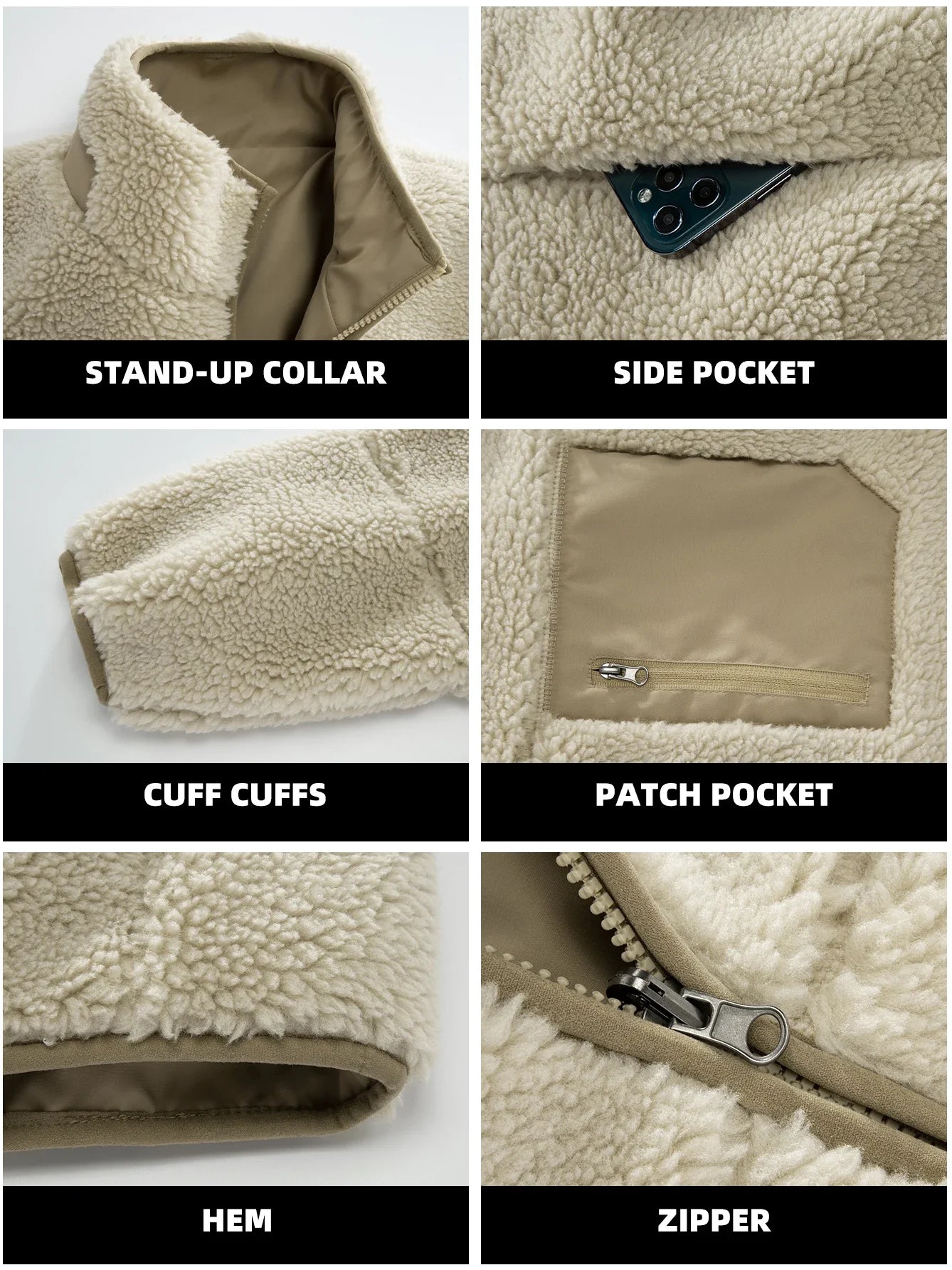 Men's Fleece Jacket Winter Thickened Coat Casual Stand Collar Daily Wear for Outdoor Activities Man Fur Outerwear Menswear