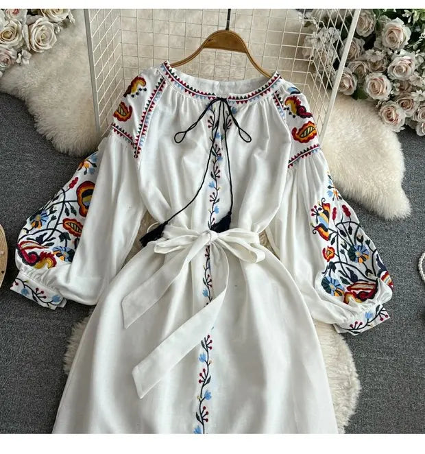 Retro Ethnic Sle Long Sve Embroidered round Ne A-Line Cotton Linen Dr Slimming Waist Cinched Ele Long Dr